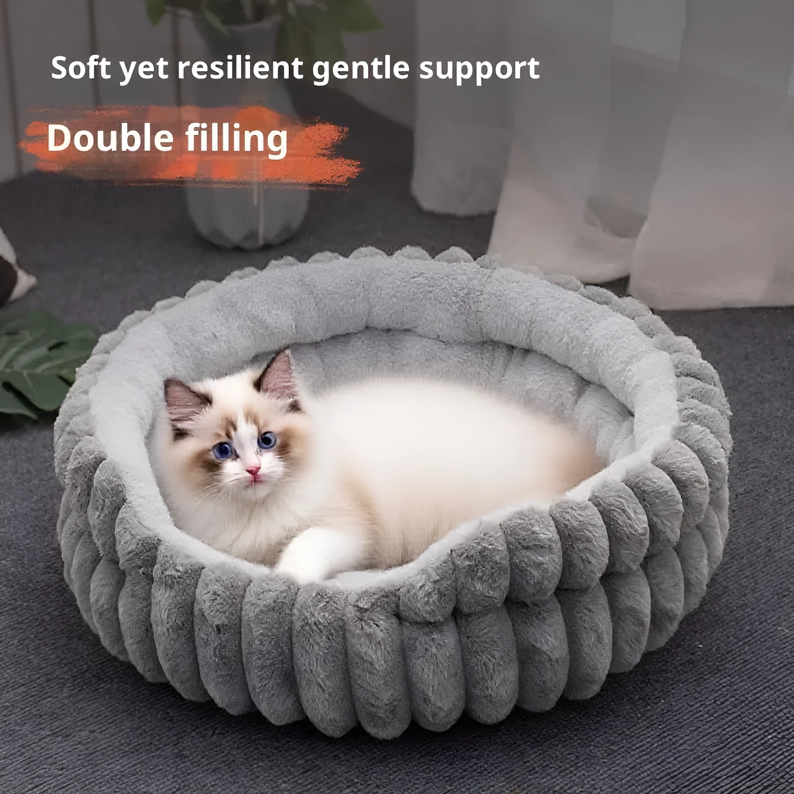 Round plush pet cat bed in khaki colour with rabbit design, diameter 40cm, low 15cm height