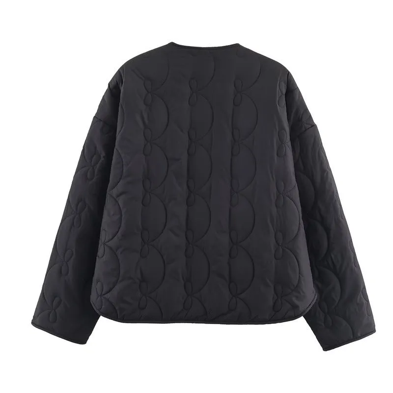 Temperament Women's Bow Quilted Coat in black, medium thickness polyester straight cut regular sleeves