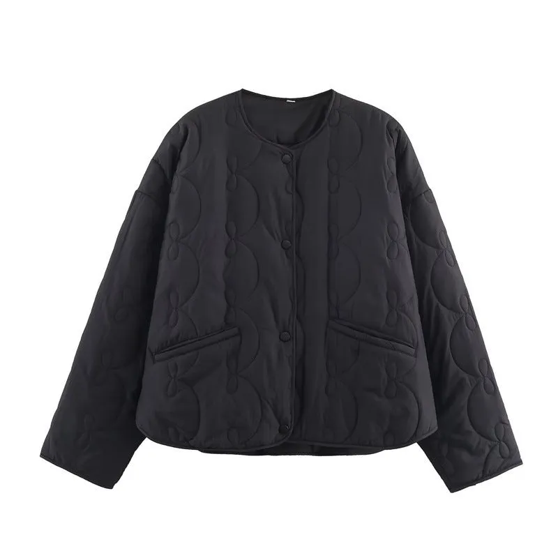 Temperament Women's Bow Quilted Coat in black, medium thickness polyester straight cut regular sleeves