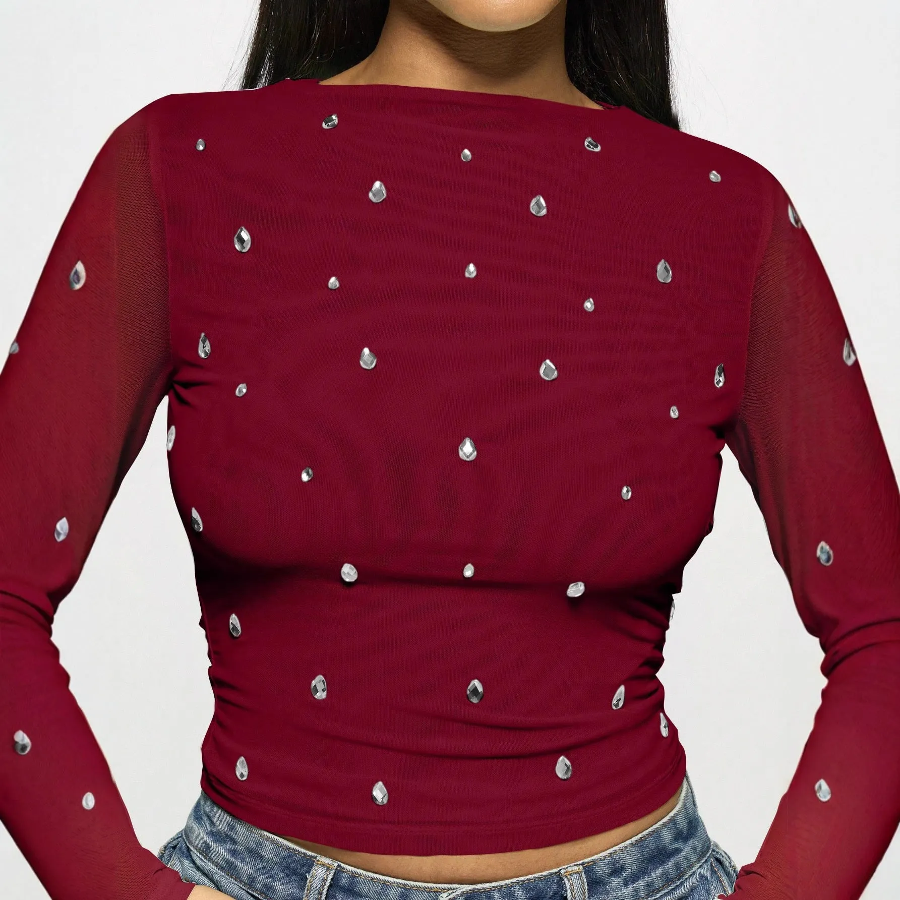 Women's wine red double-layer mesh rhinestone long sleeve pullover top side view