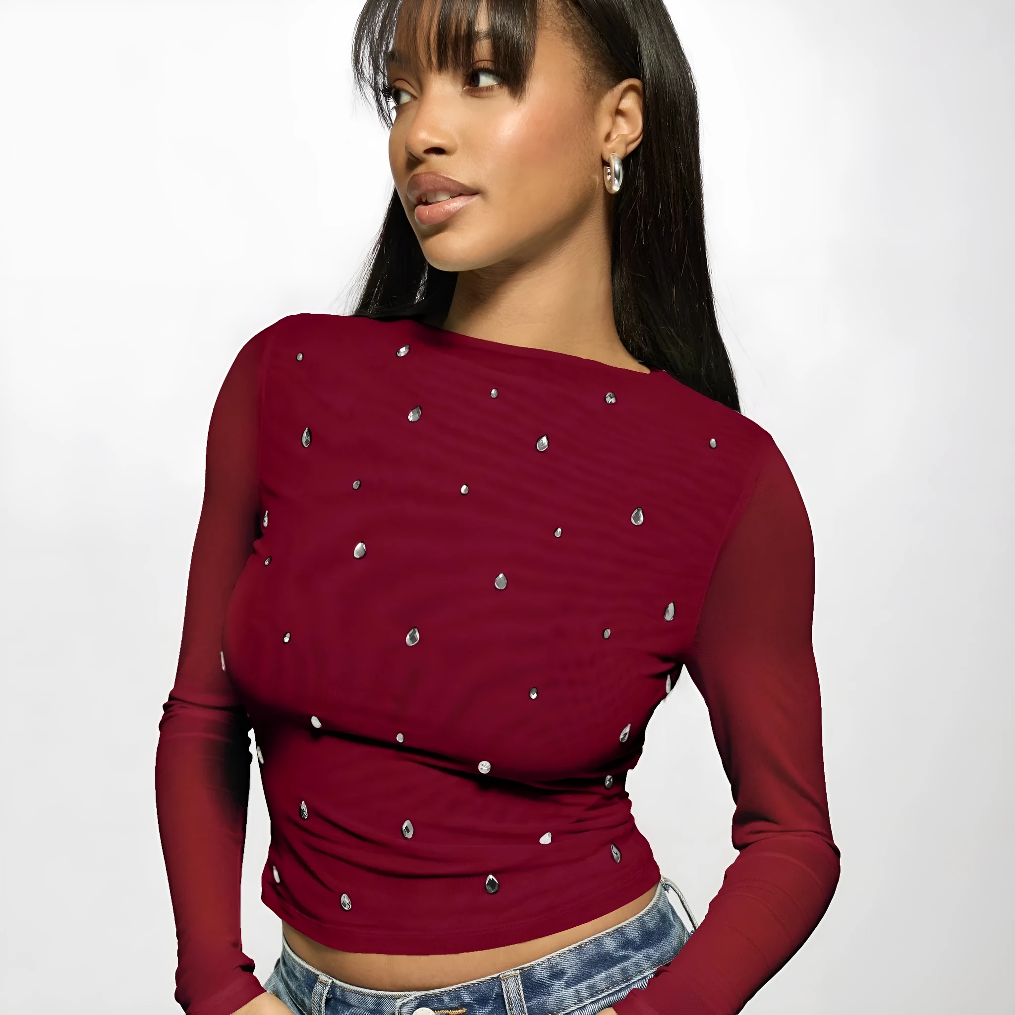 Women's wine red double-layer mesh rhinestone long sleeve pullover top side view