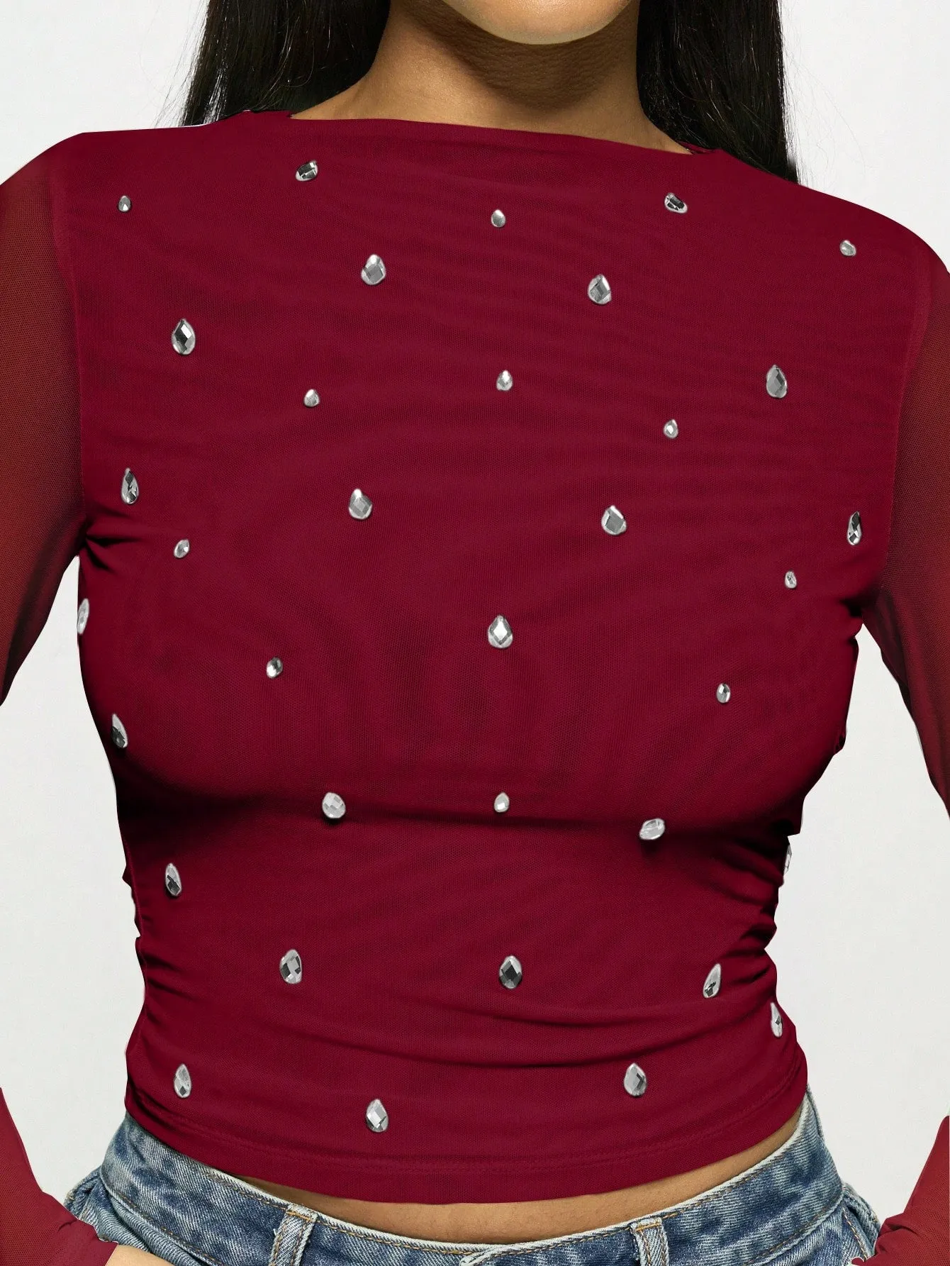 Women's wine red double-layer mesh rhinestone long sleeve pullover top side view