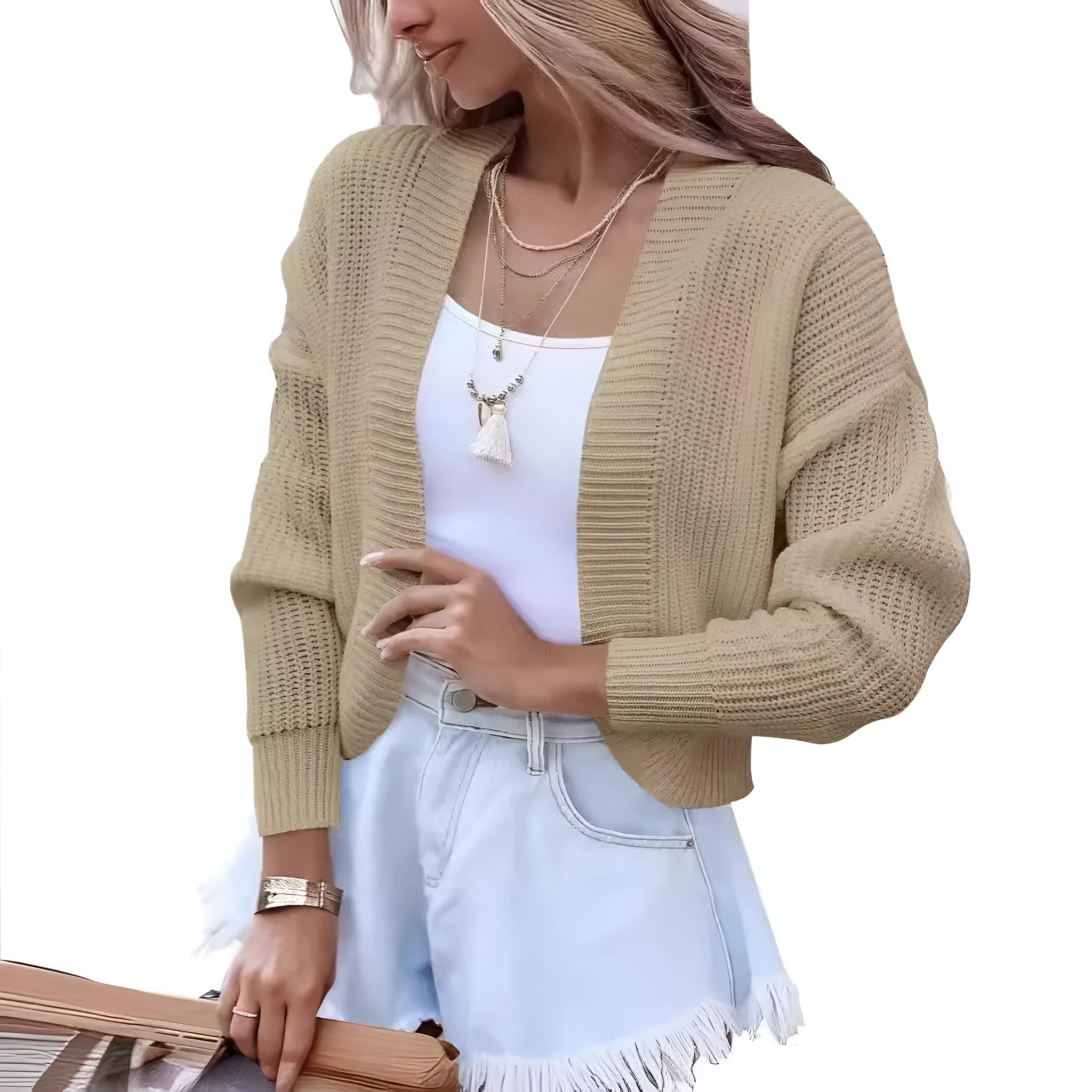 Women's short cape knitted cardigan sweater in solid colour, long sleeves, polyester, open-front style