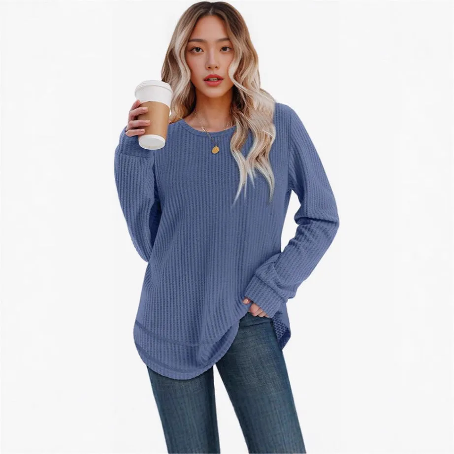 Waffle loose round neck high low curved hem top in plaid pattern, dark khaki colour