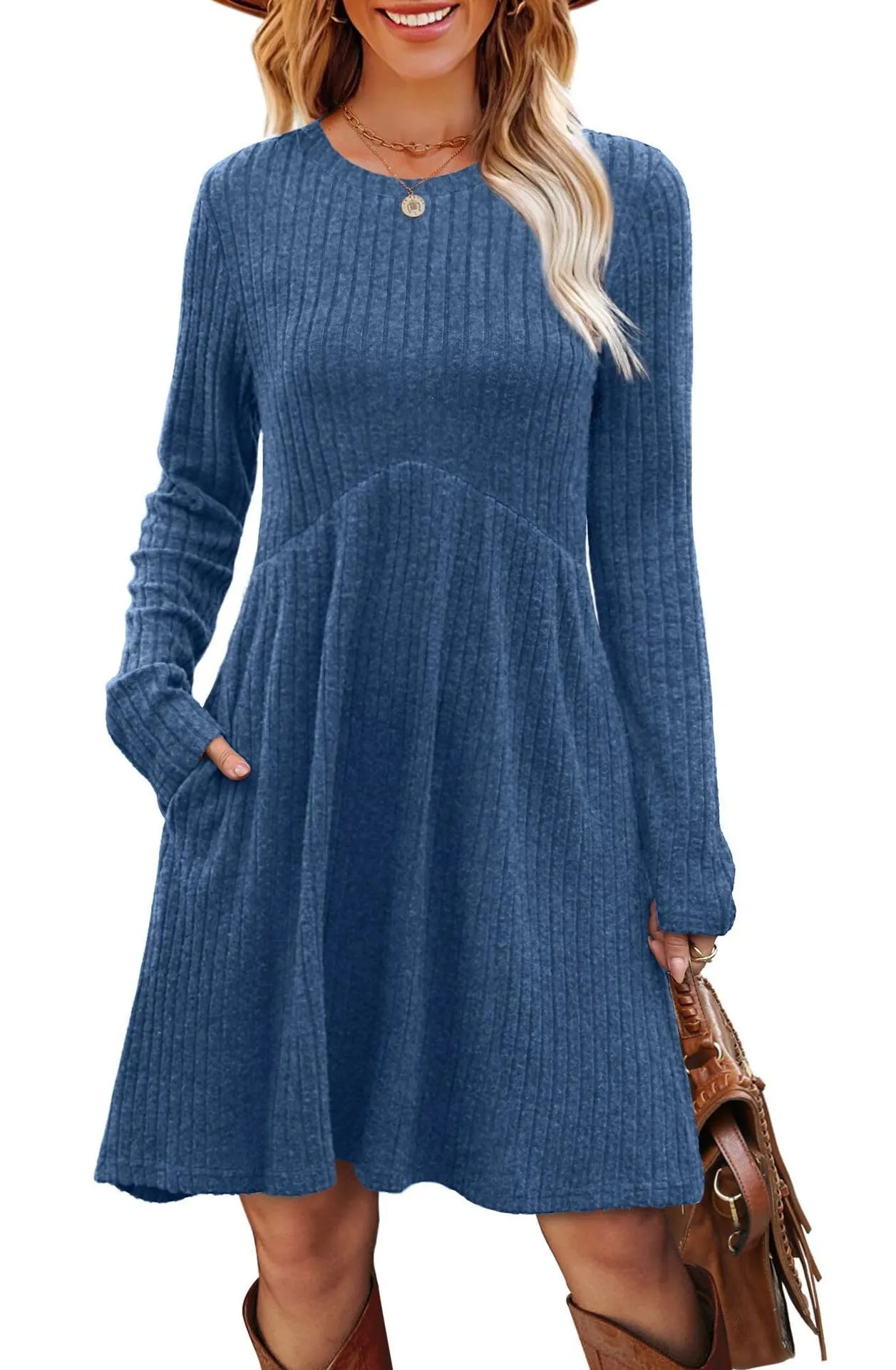 Women's bohemian brushed sunken stripe dress in solid colour, princess mid-length skirt, wide waist, available in multiple colours