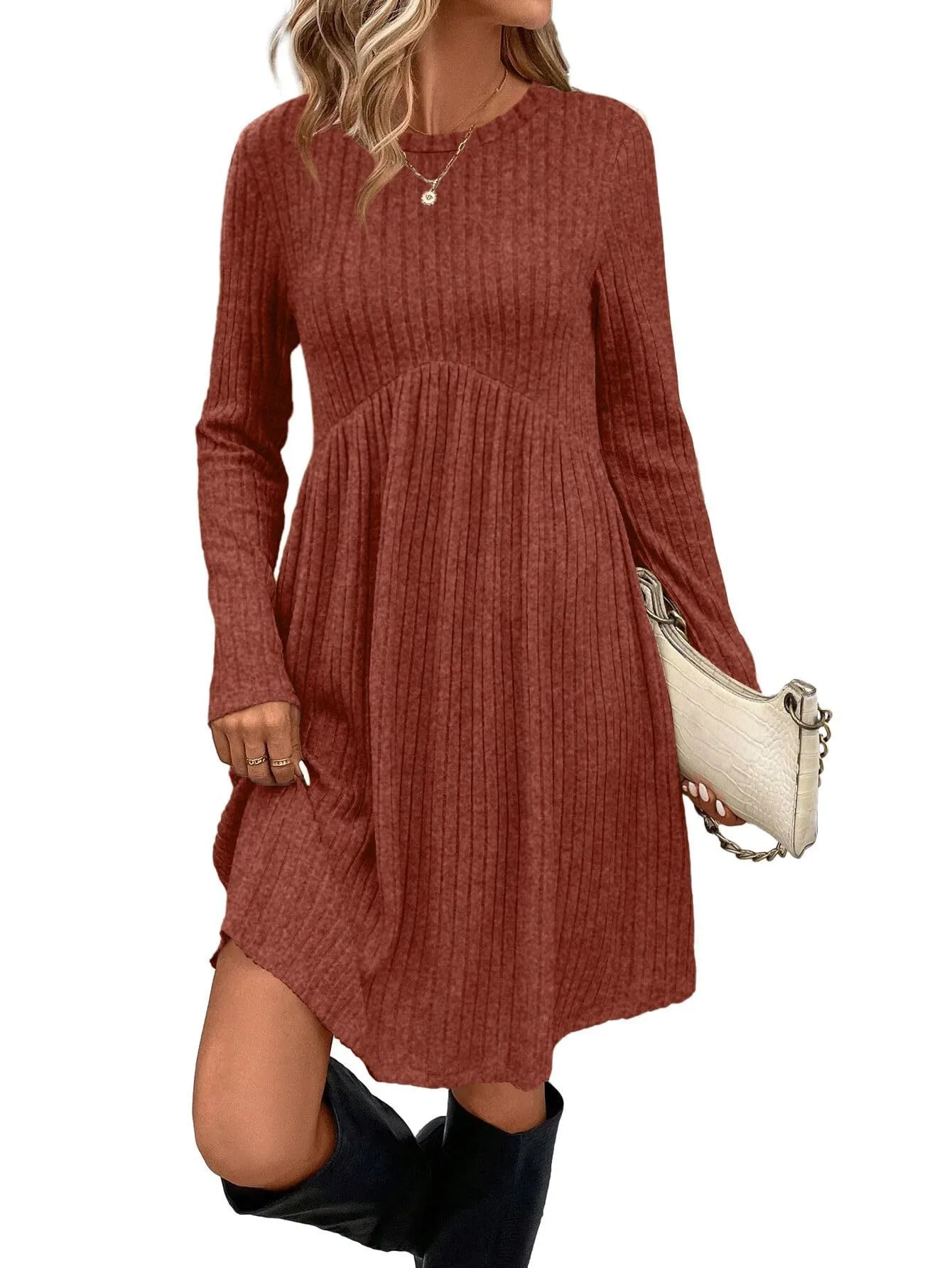Women's bohemian brushed sunken stripe dress in solid colour, princess mid-length skirt, wide waist, available in multiple colours