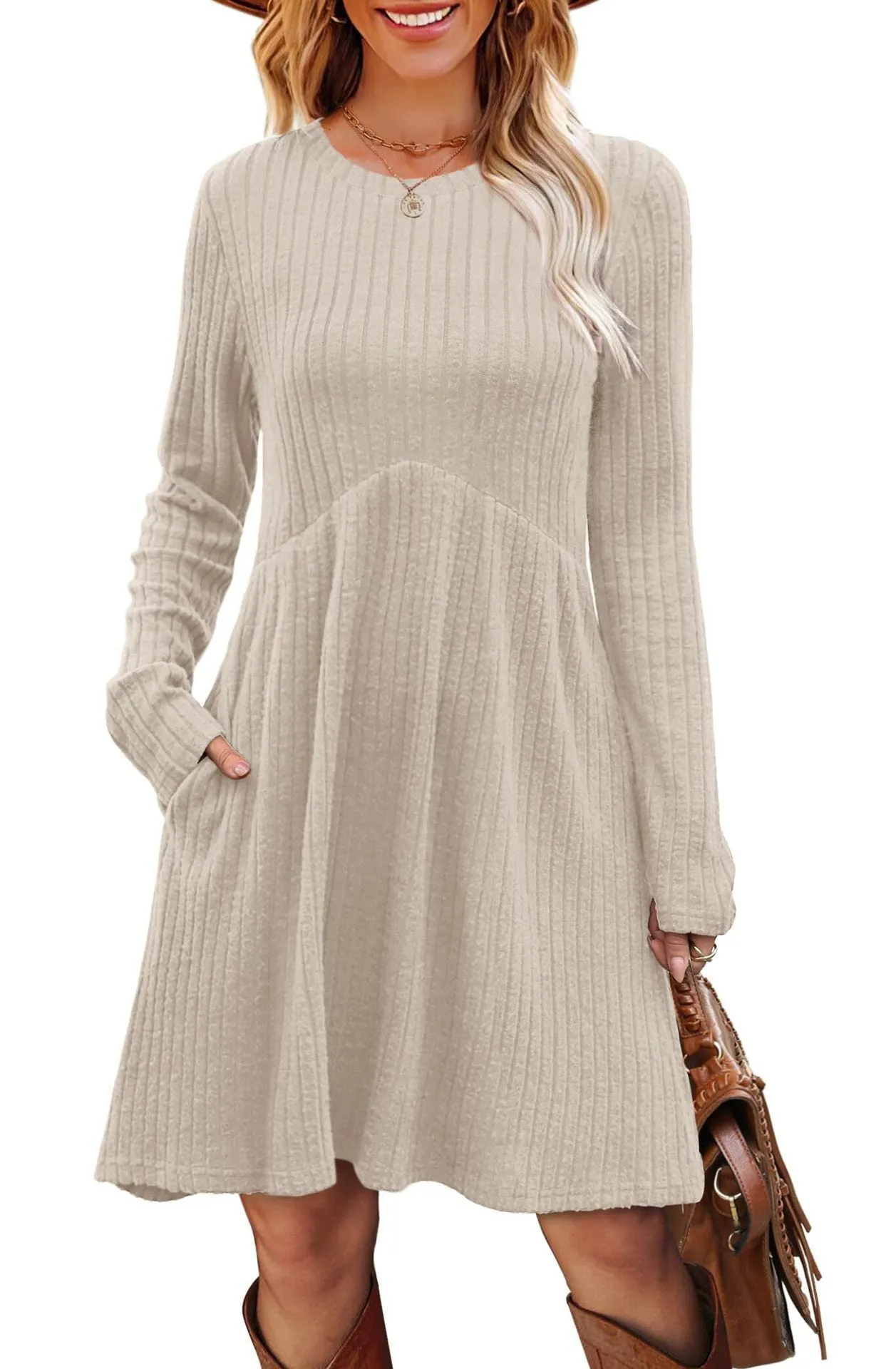 Women's bohemian brushed sunken stripe dress in solid colour, princess mid-length skirt, wide waist, available in multiple colours