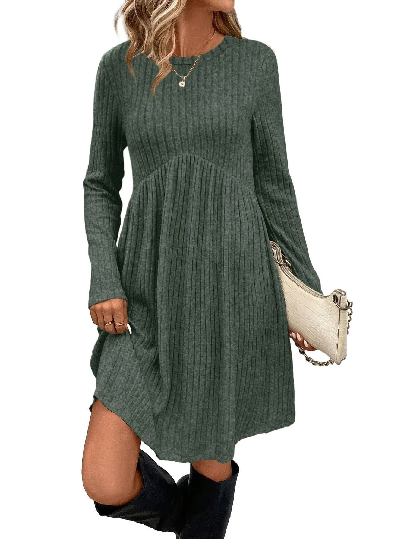 Women's bohemian brushed sunken stripe dress in solid colour, princess mid-length skirt, wide waist, available in multiple colours