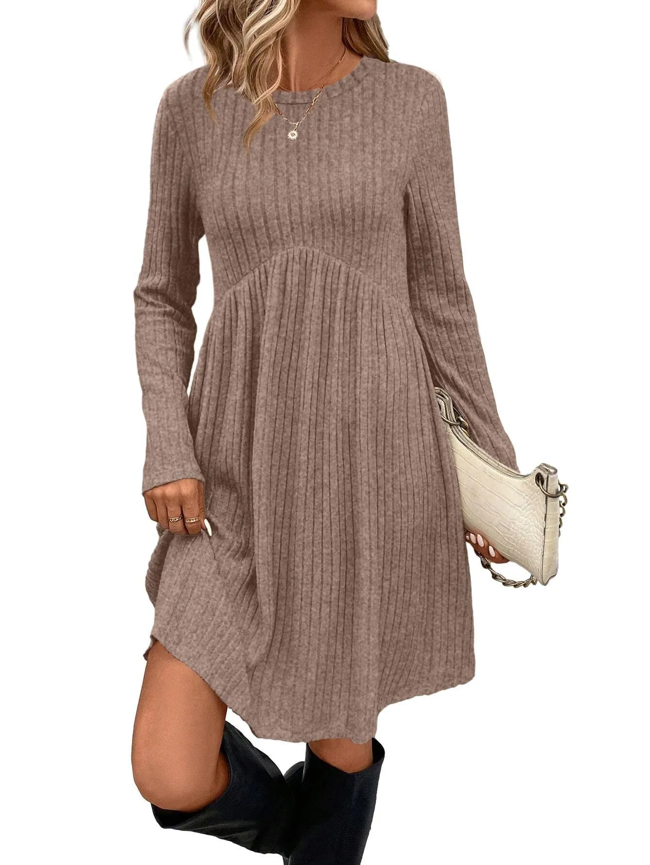 Women's bohemian brushed sunken stripe dress in solid colour, princess mid-length skirt, wide waist, available in multiple colours