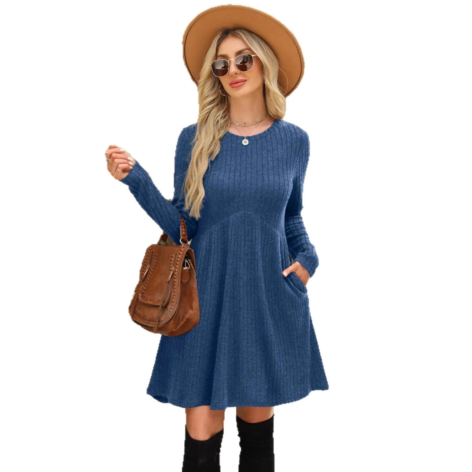 Women's bohemian brushed sunken stripe dress in solid colour, princess mid-length skirt, wide waist, available in multiple colours