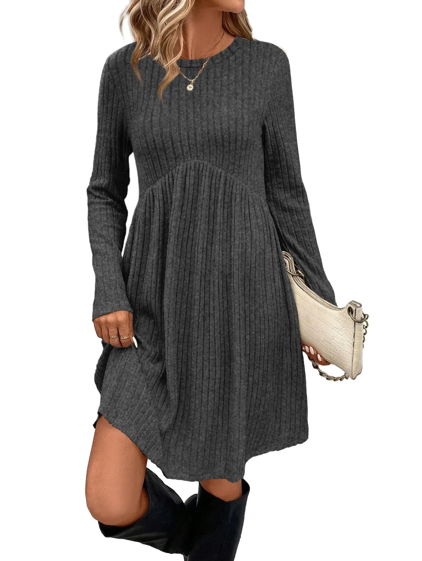Women's bohemian brushed sunken stripe dress in solid colour, princess mid-length skirt, wide waist, available in multiple colours