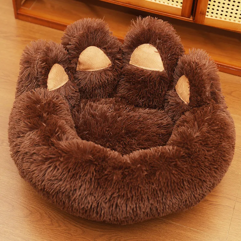 Plush kennel thickened pet bed hand-shaped brush nest design in coffee color for dogs and cats