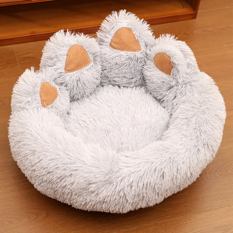 Plush kennel thickened pet bed hand-shaped brush nest design in coffee color for dogs and cats