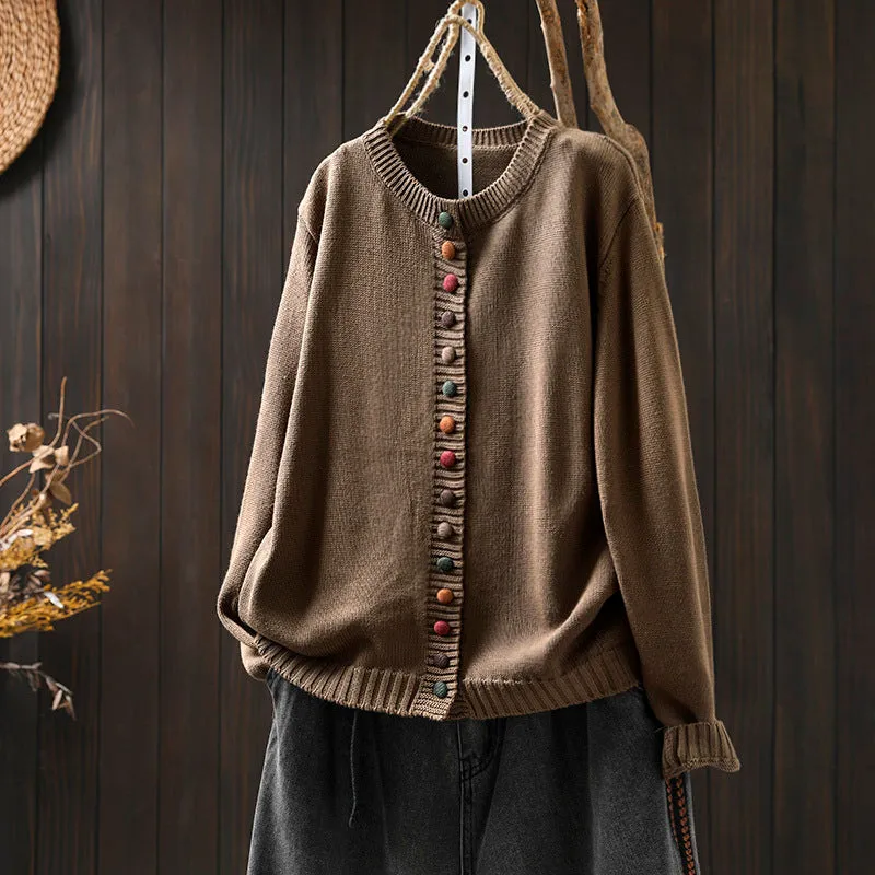 Women's colourful button loose-fit cardigan in light khaki with long sleeves, art retro style