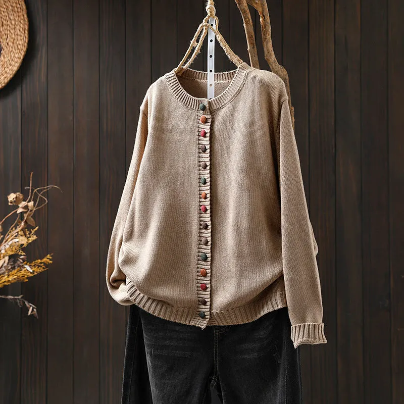 Women's colourful button loose-fit cardigan in light khaki with long sleeves, art retro style