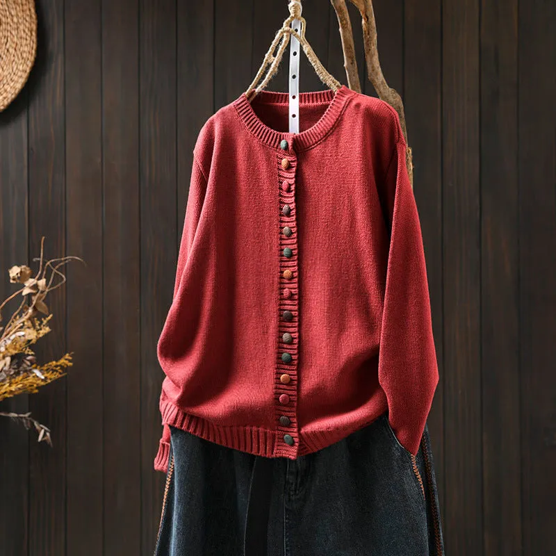 Women's colourful button loose-fit cardigan in light khaki with long sleeves, art retro style