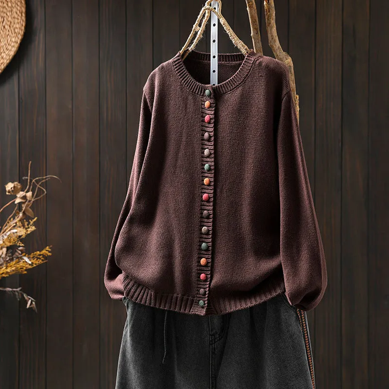Women's colourful button loose-fit cardigan in light khaki with long sleeves, art retro style