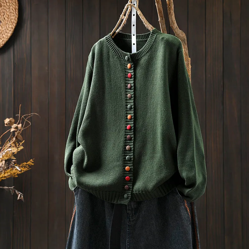 Women's colourful button loose-fit cardigan in light khaki with long sleeves, art retro style
