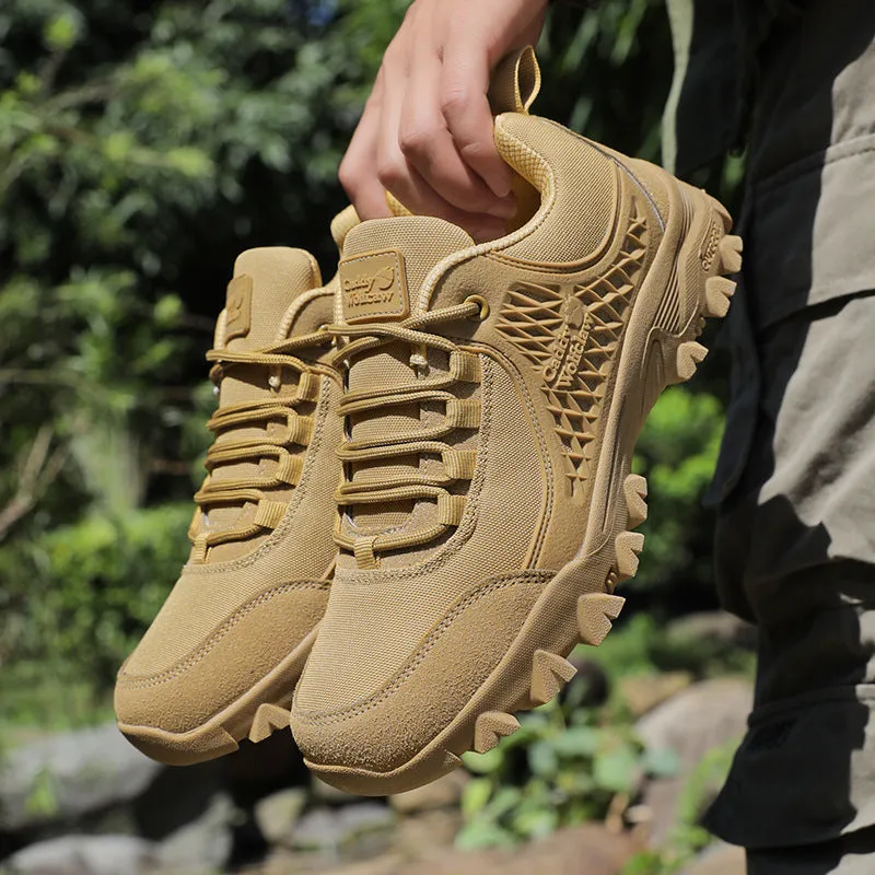 Men's khaki non-slip platform hiking shoes with PU mesh upper, low-top design, and front lace-up closure