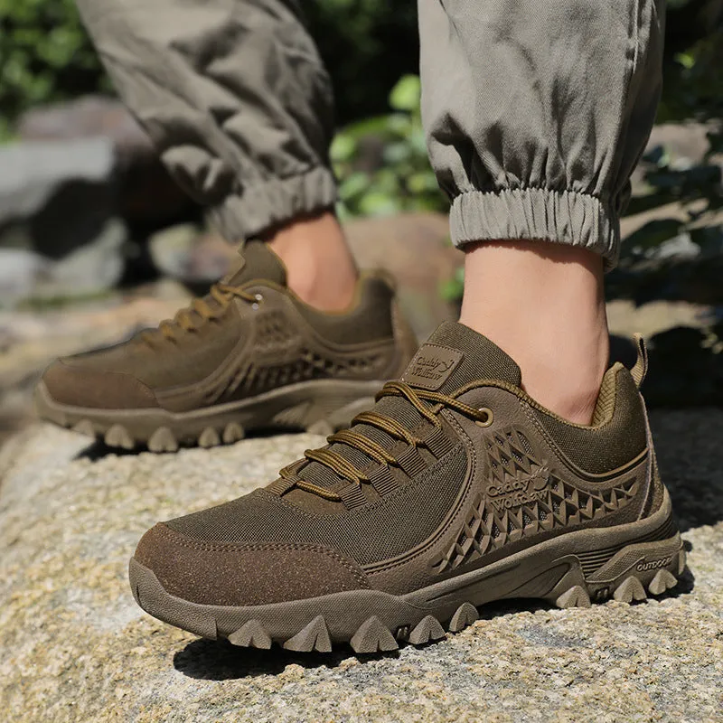 Men's khaki non-slip platform hiking shoes with PU mesh upper, low-top design, and front lace-up closure