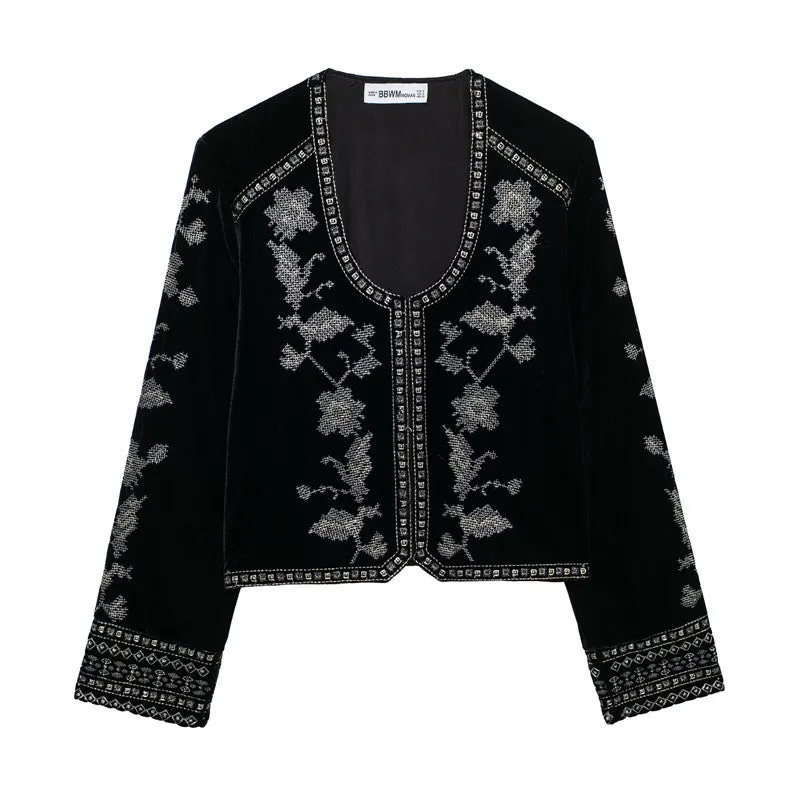 Women's casual embroidered velvet jacket in black with loose fit and long sleeves