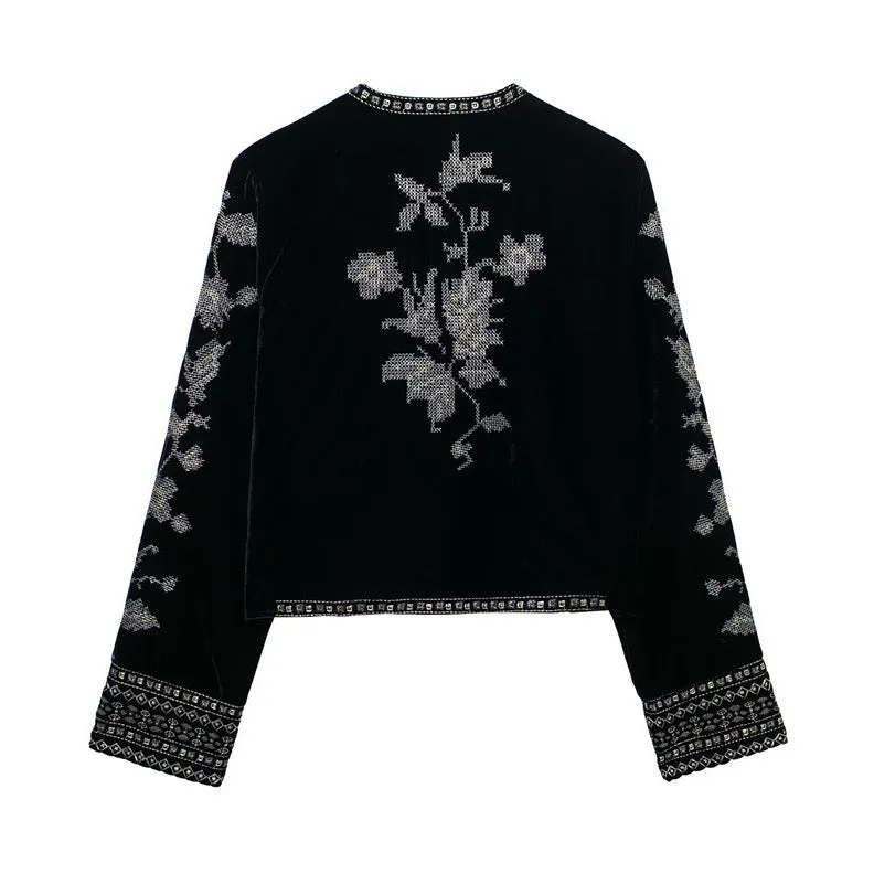 Women's casual embroidered velvet jacket in black with loose fit and long sleeves