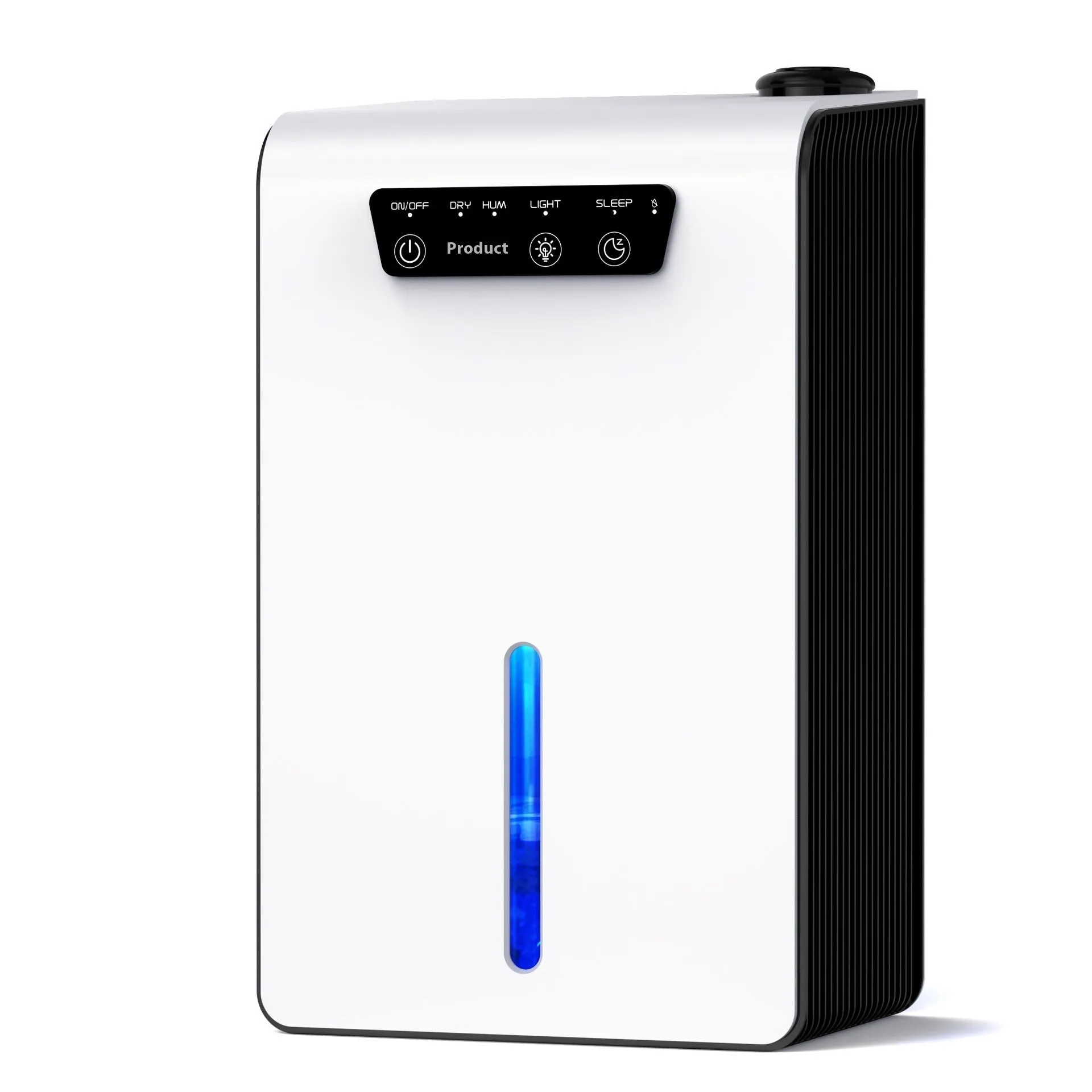 Milky white portable dehumidifier with water reservoir for bedroom moisture control