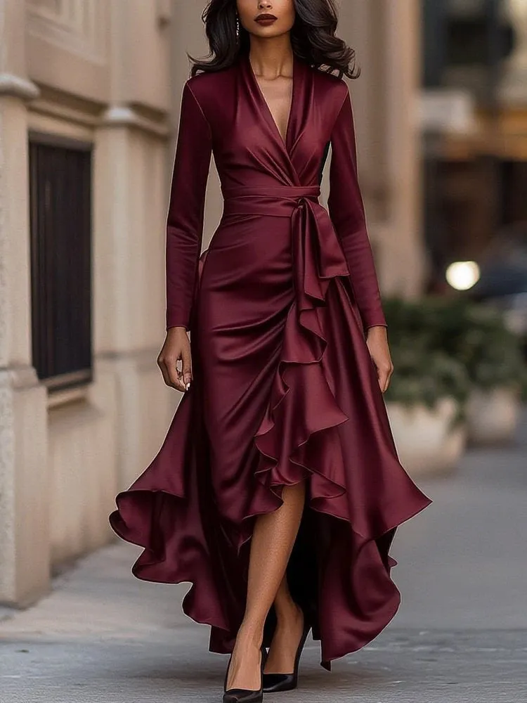 V-neck waist trimming ruffles long dress with high-waist asymmetric skirt in solid colour polyester