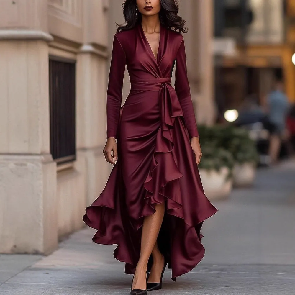 V-neck waist trimming ruffles long dress with high-waist asymmetric skirt in solid colour polyester