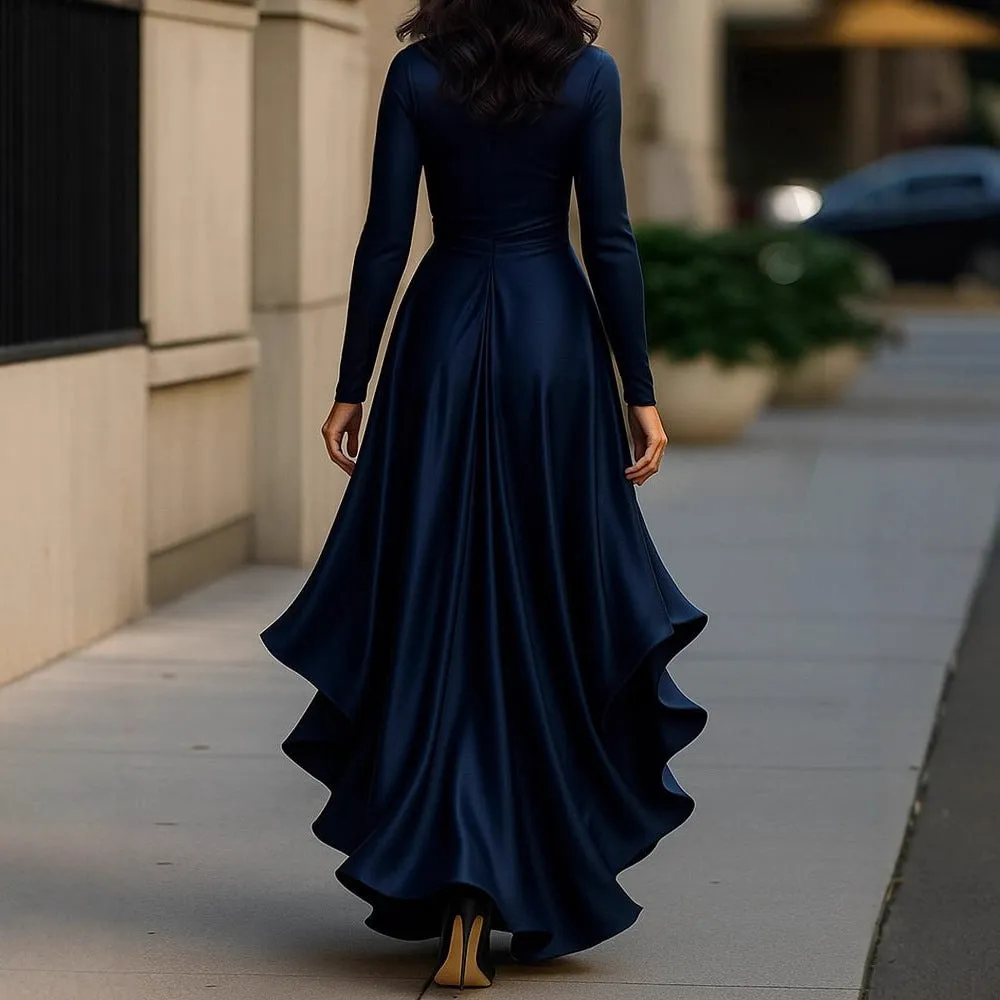 V-neck waist trimming ruffles long dress with high-waist asymmetric skirt in solid colour polyester