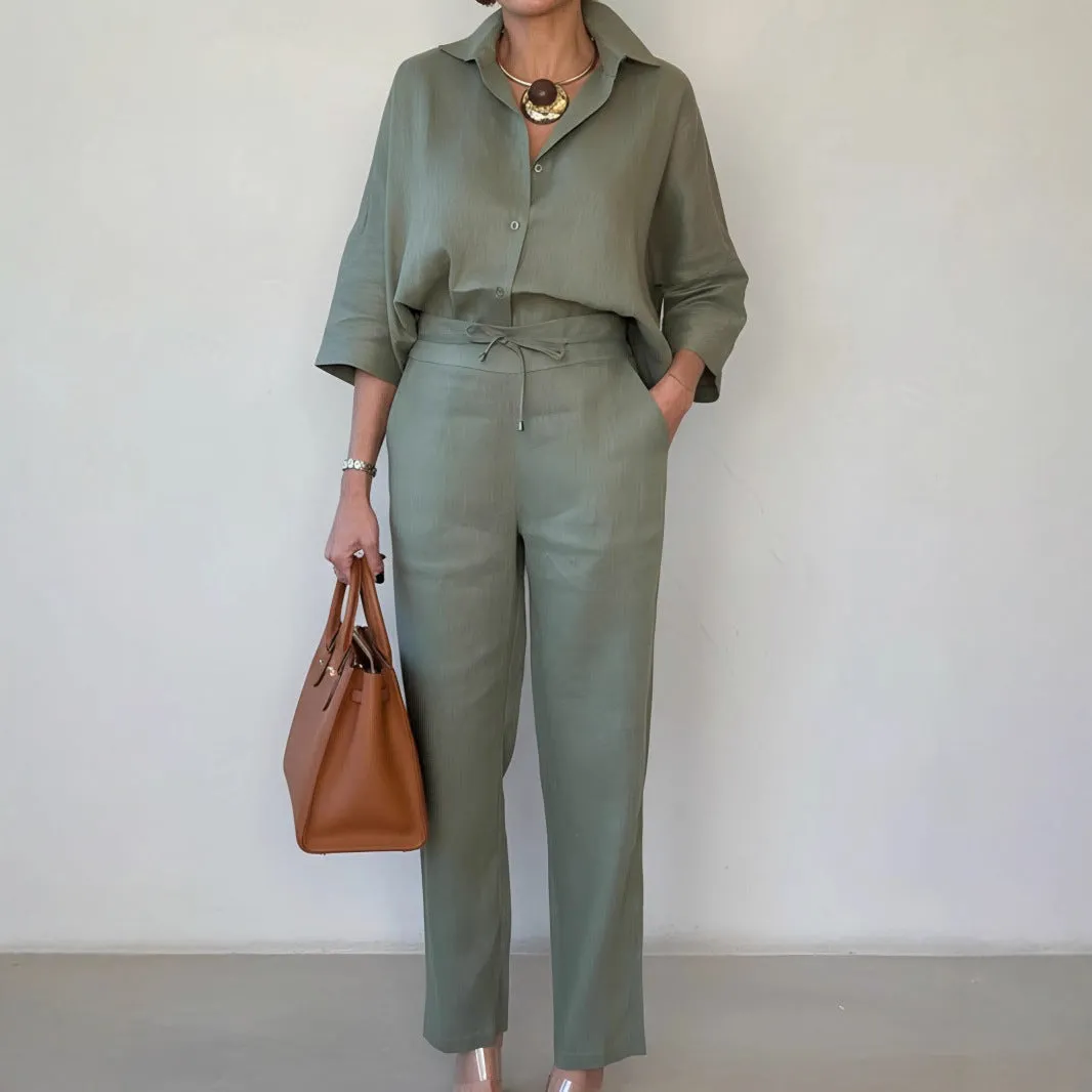 Women's solid colour polo collar two-piece shirt and pants set in army green, nine-quarter sleeves, stitching detail