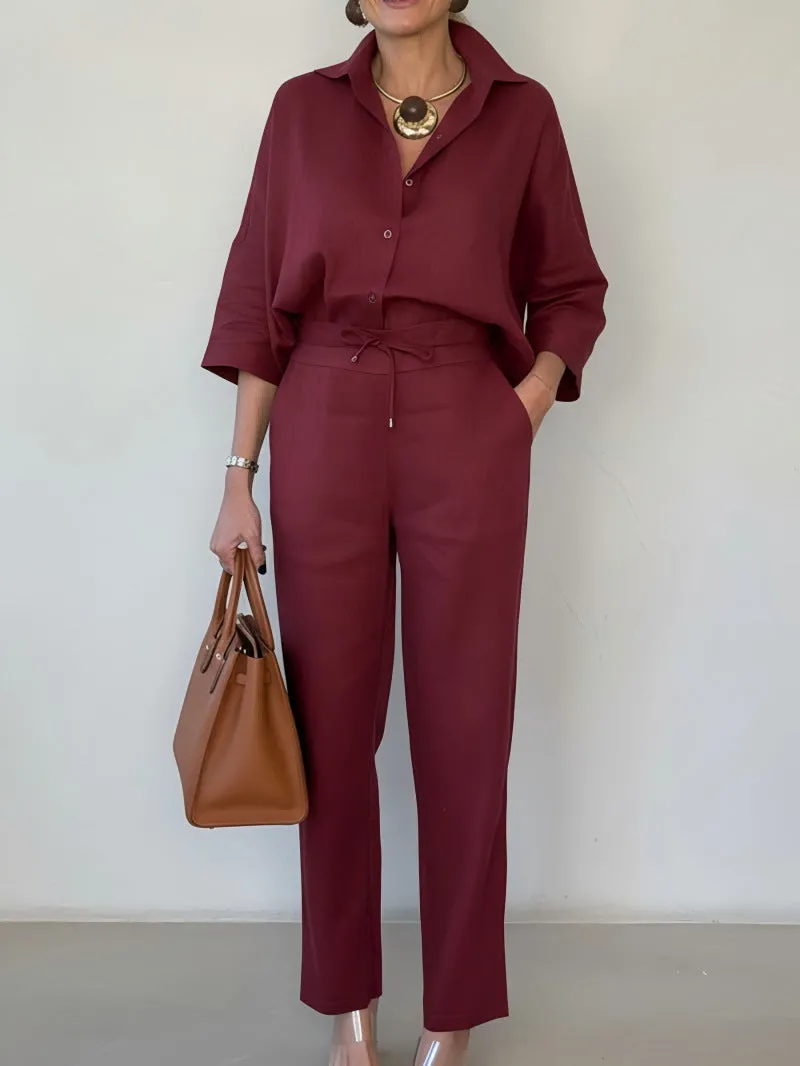 Women's solid colour polo collar two-piece shirt and pants set in army green, nine-quarter sleeves, stitching detail