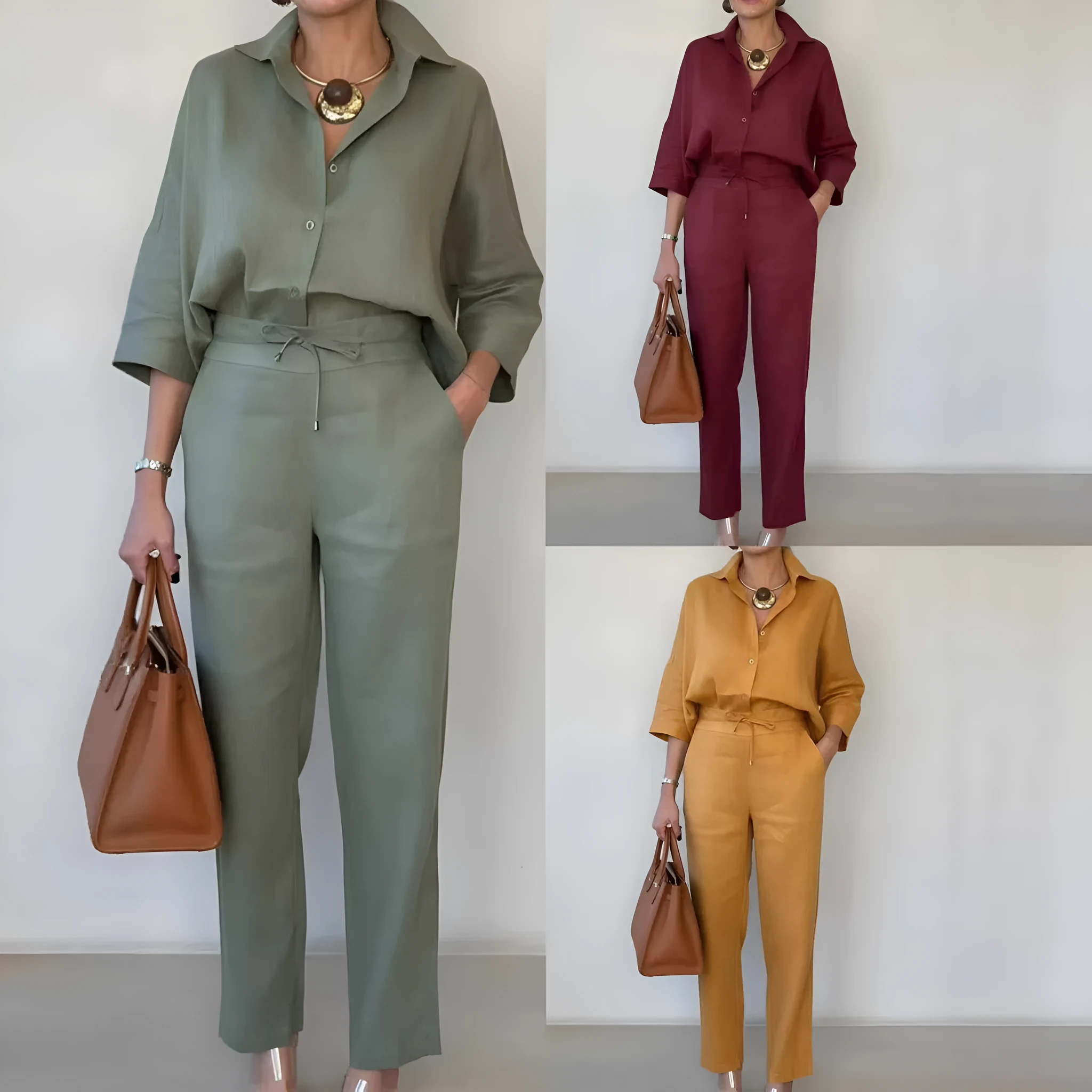 Women's solid colour polo collar two-piece shirt and pants set in army green, nine-quarter sleeves, stitching detail