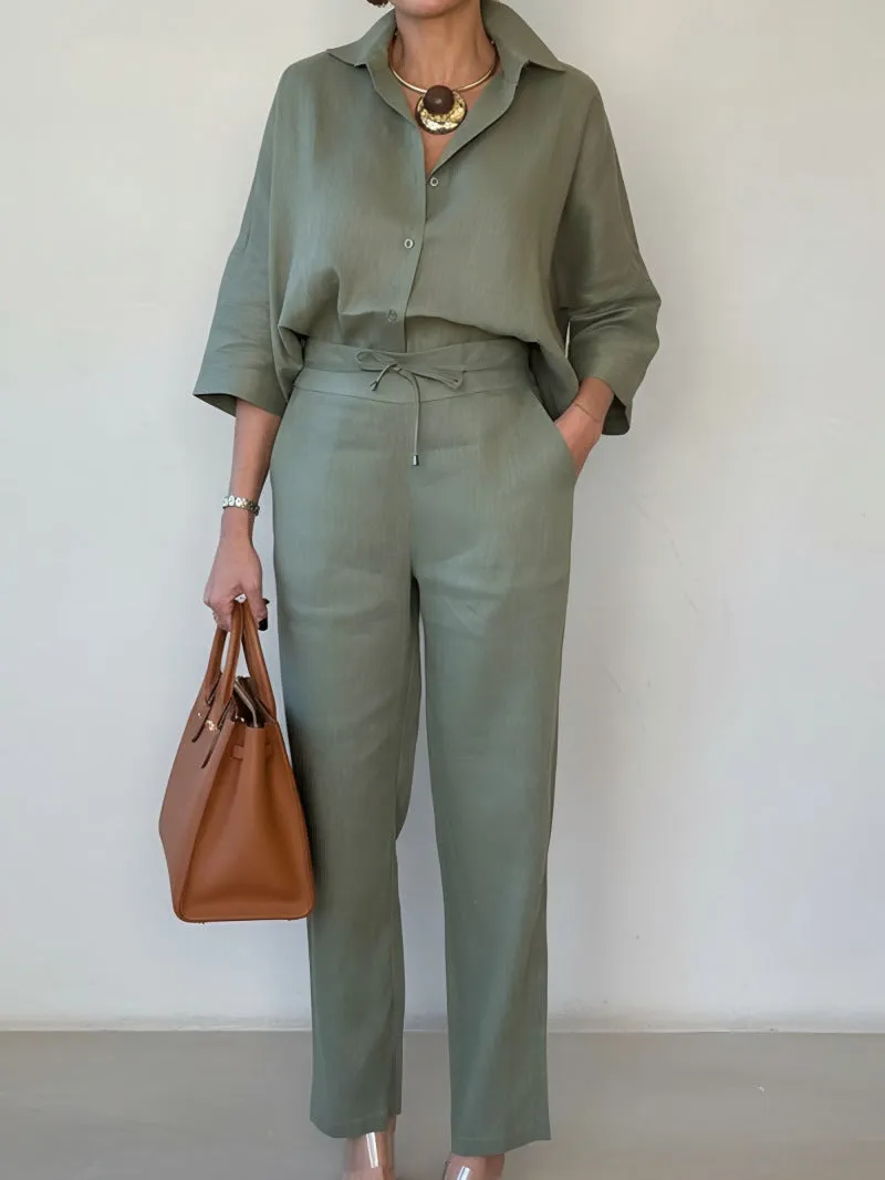 Women's solid colour polo collar two-piece shirt and pants set in army green, nine-quarter sleeves, stitching detail