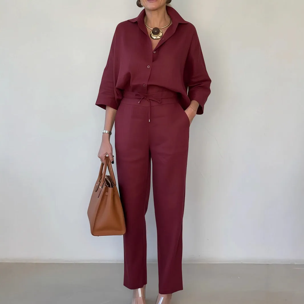 Women's solid colour polo collar two-piece shirt and pants set in army green, nine-quarter sleeves, stitching detail