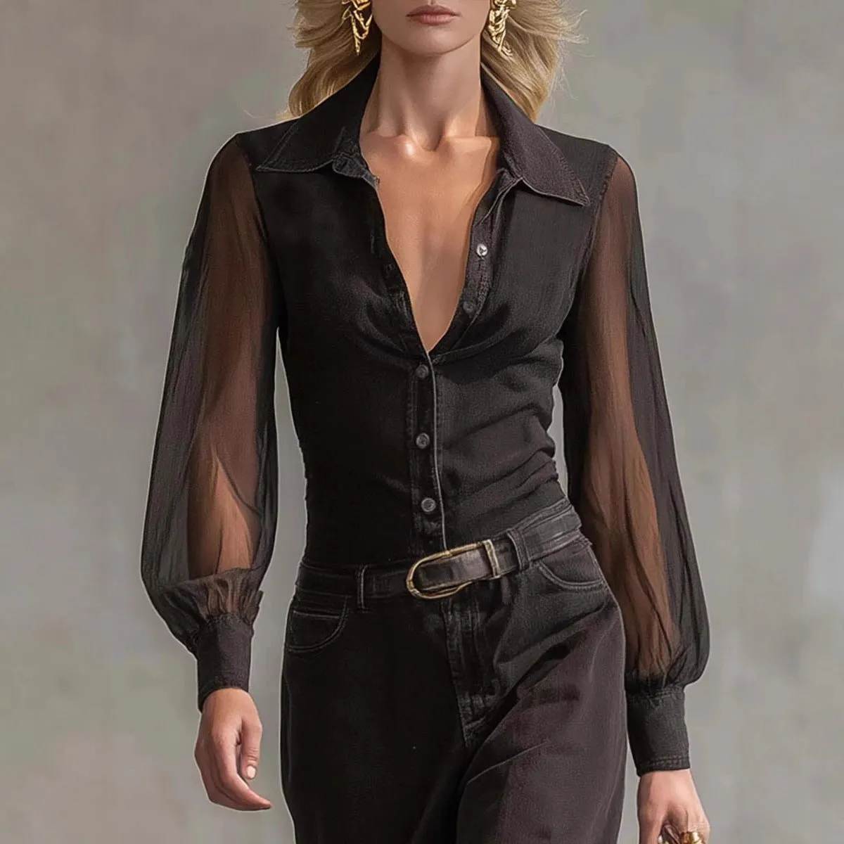Black long sleeve see-through mesh dress with blouse collar and asymmetric hem pulled over model