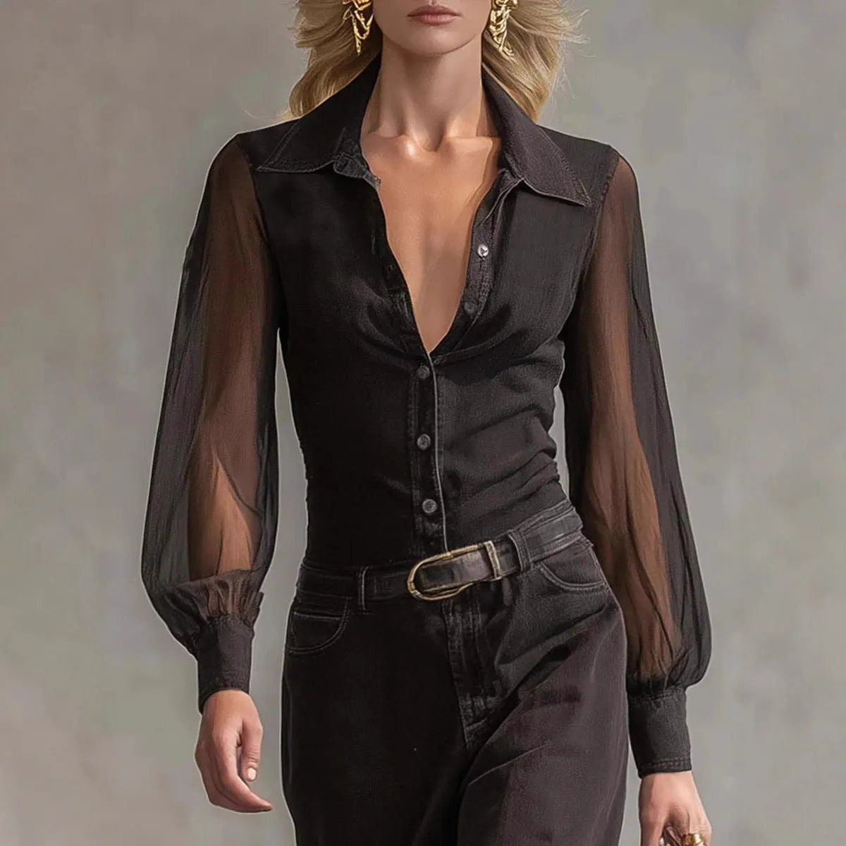 Black long sleeve see-through mesh dress with blouse collar and asymmetric hem pulled over model