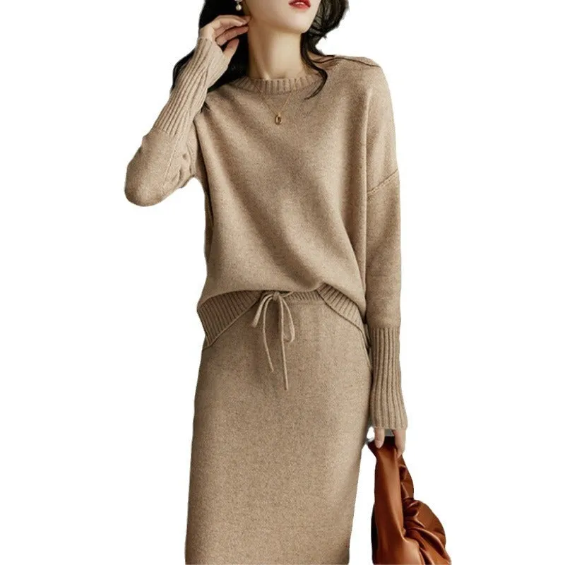 Knitted loose slimming top with skirt two-piece set in coffee khaki contrast tie-dye long sleeve
