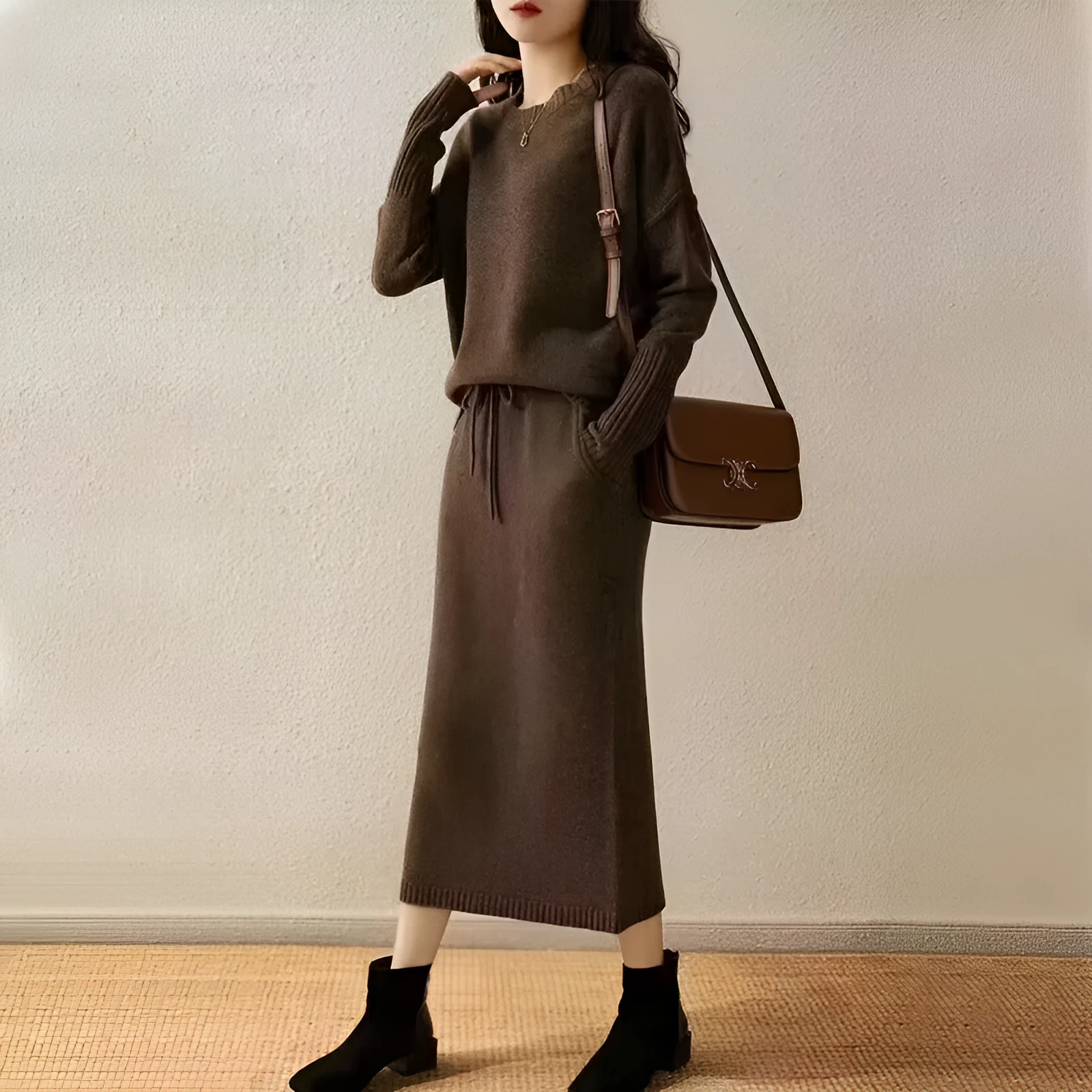 Knitted loose slimming top with skirt two-piece set in coffee khaki contrast tie-dye long sleeve