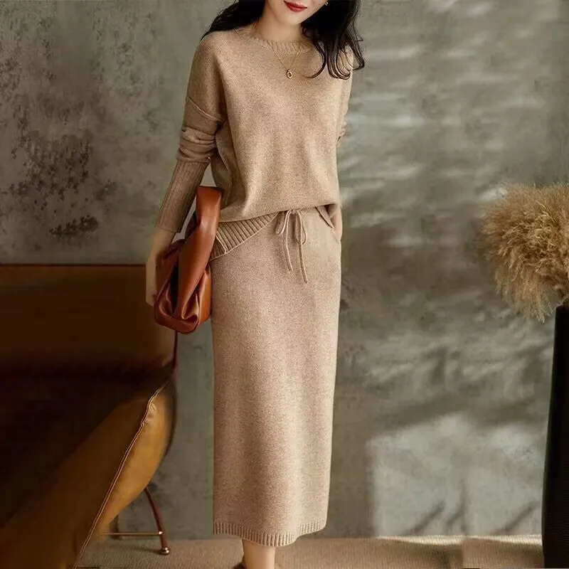 Knitted loose slimming top with skirt two-piece set in coffee khaki contrast tie-dye long sleeve