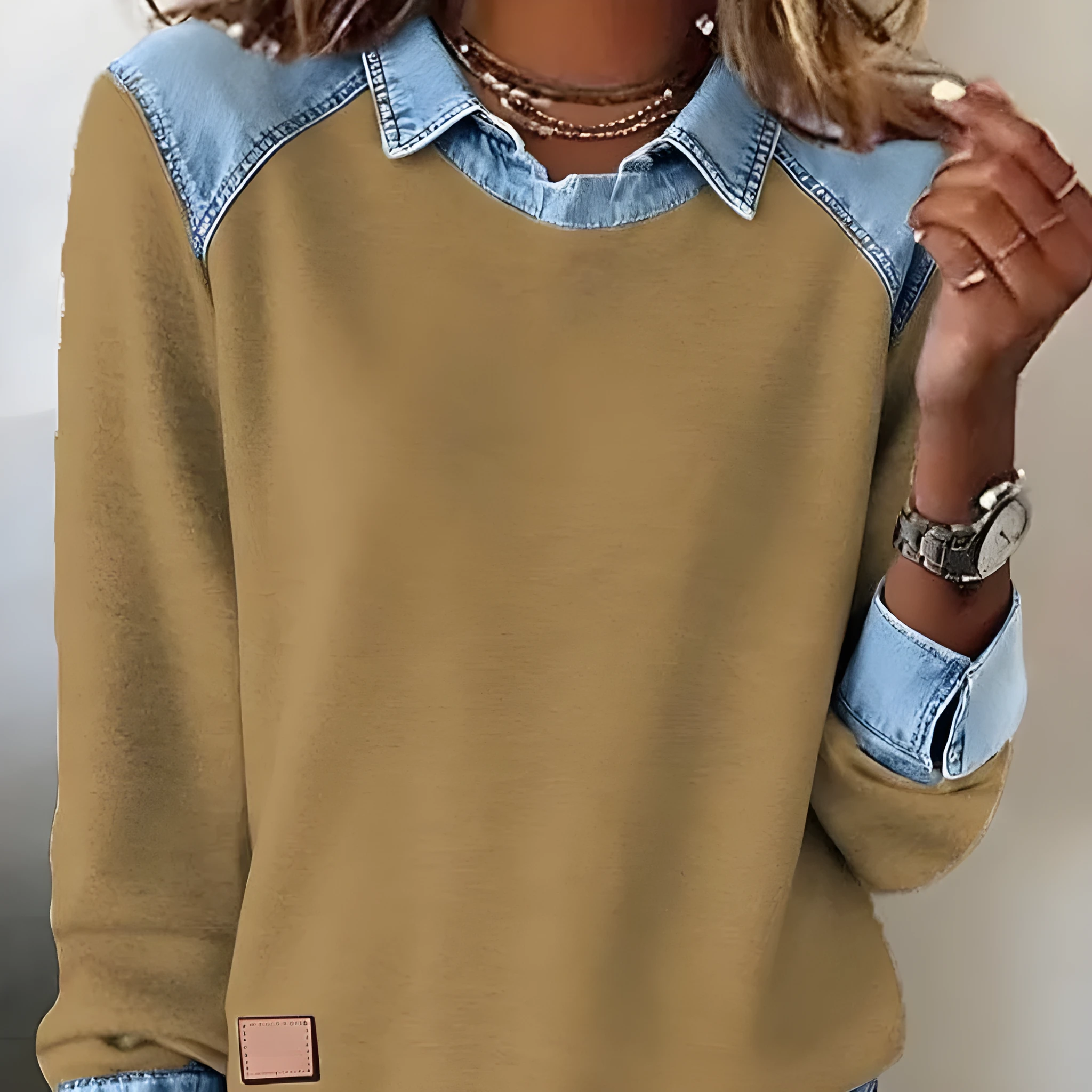 Denim collar long sleeve pullover knitwear top with contrast denim collar, solid colour body, street fashion style