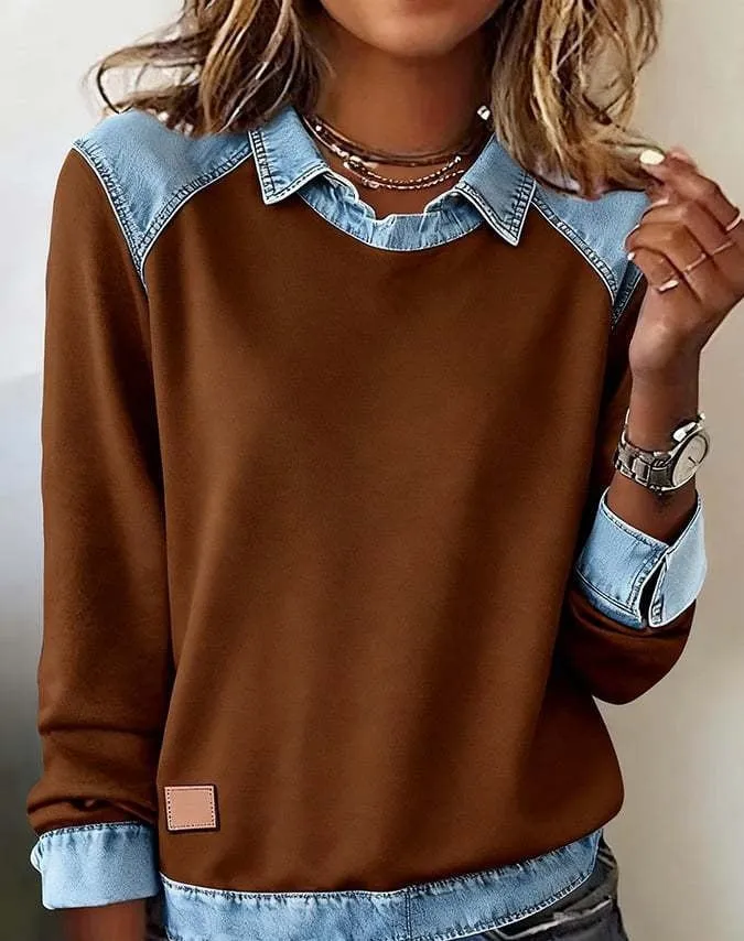 Denim collar long sleeve pullover knitwear top with contrast denim collar, solid colour body, street fashion style