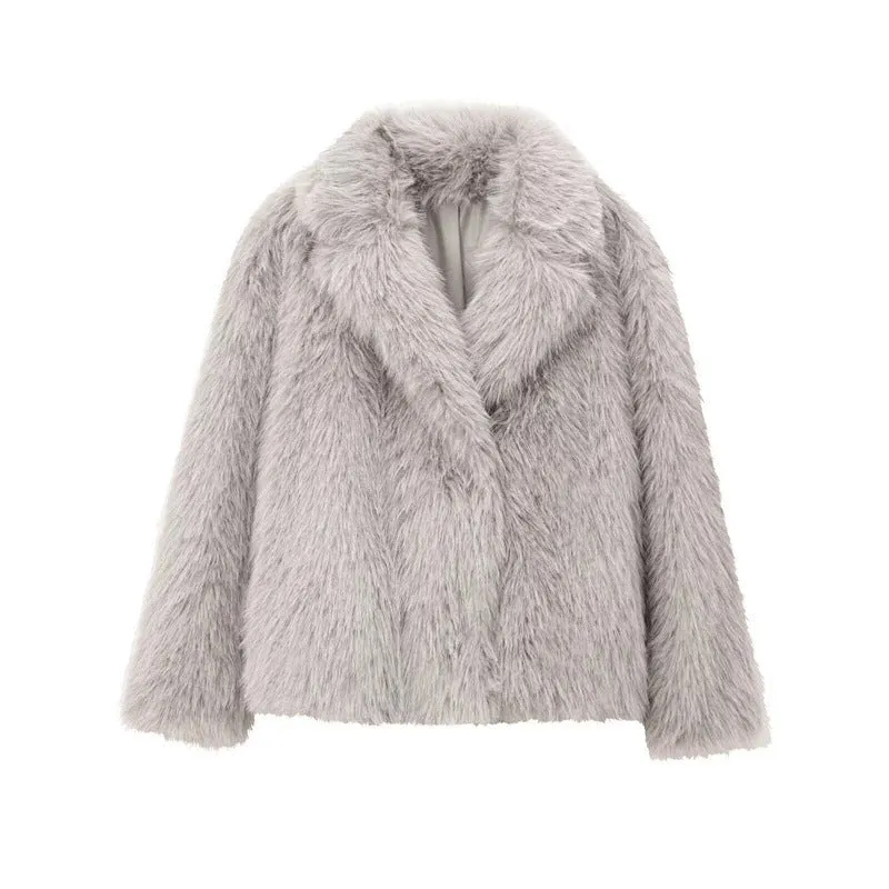 Women's white faux fur jacket with lapel collar and long sleeves shown on mannequin