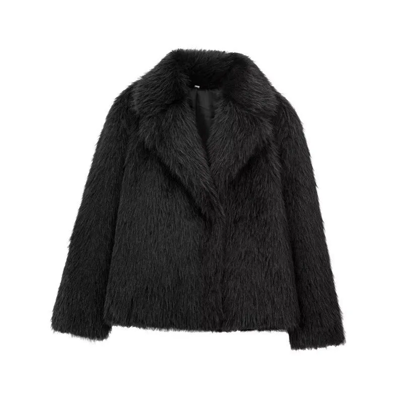 Women's white faux fur jacket with lapel collar and long sleeves shown on mannequin