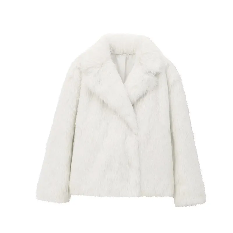 Women's white faux fur jacket with lapel collar and long sleeves shown on mannequin