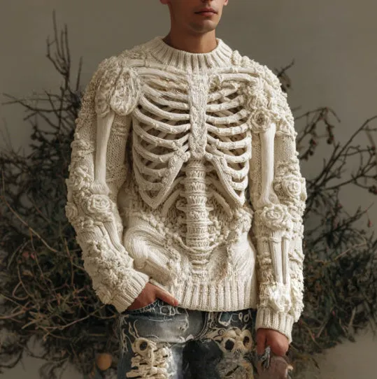 Beige 3D digital print round neck thick needle polyester pullover sweater on model, sizes S to 5XL