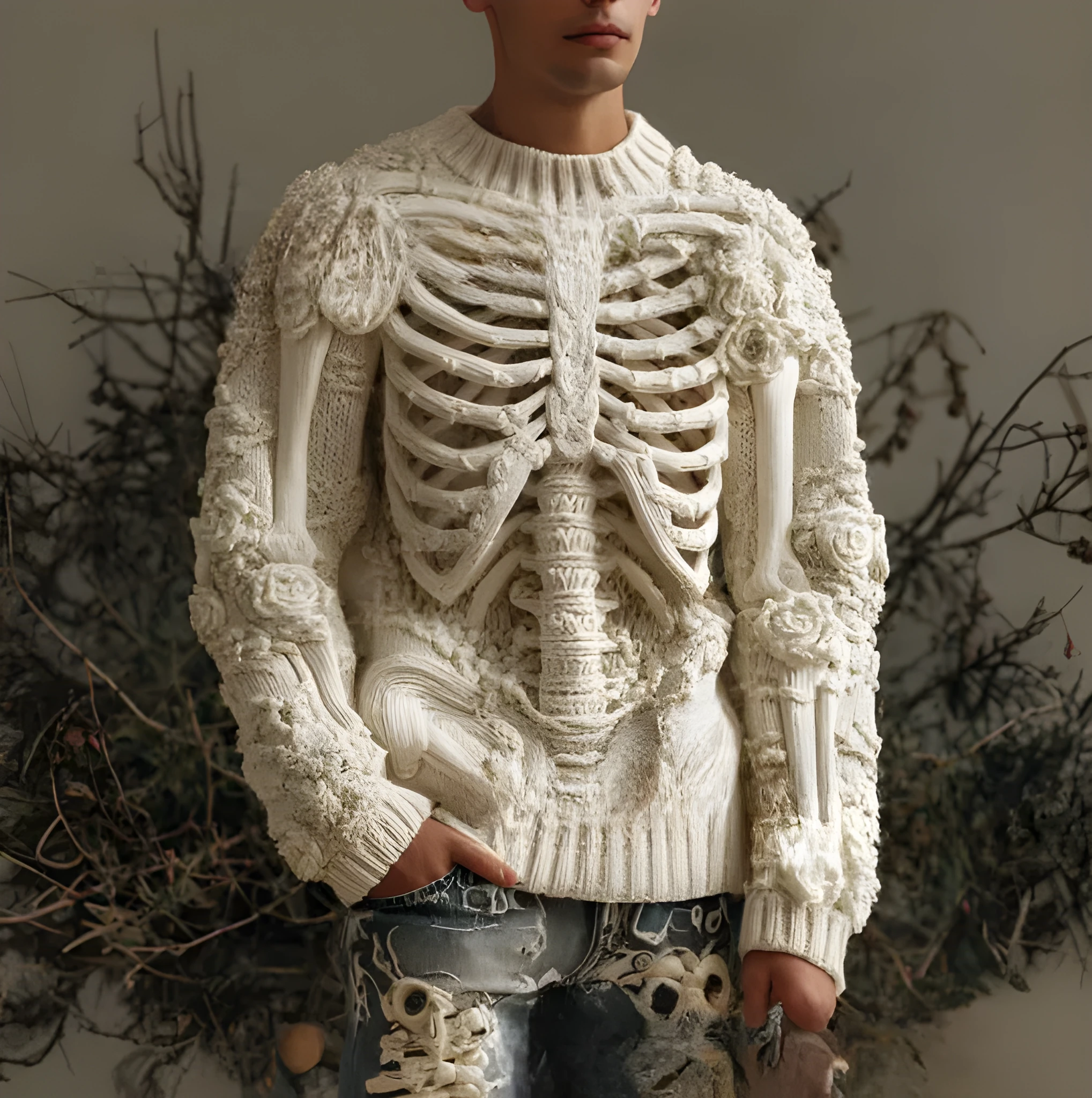 Beige 3D digital print round neck thick needle polyester pullover sweater on model, sizes S to 5XL