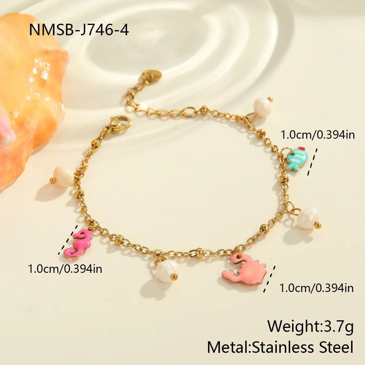 Stainless steel geometric pendant necklace with 18K gold electroplated chain and matching alloy bracelet on neutral background