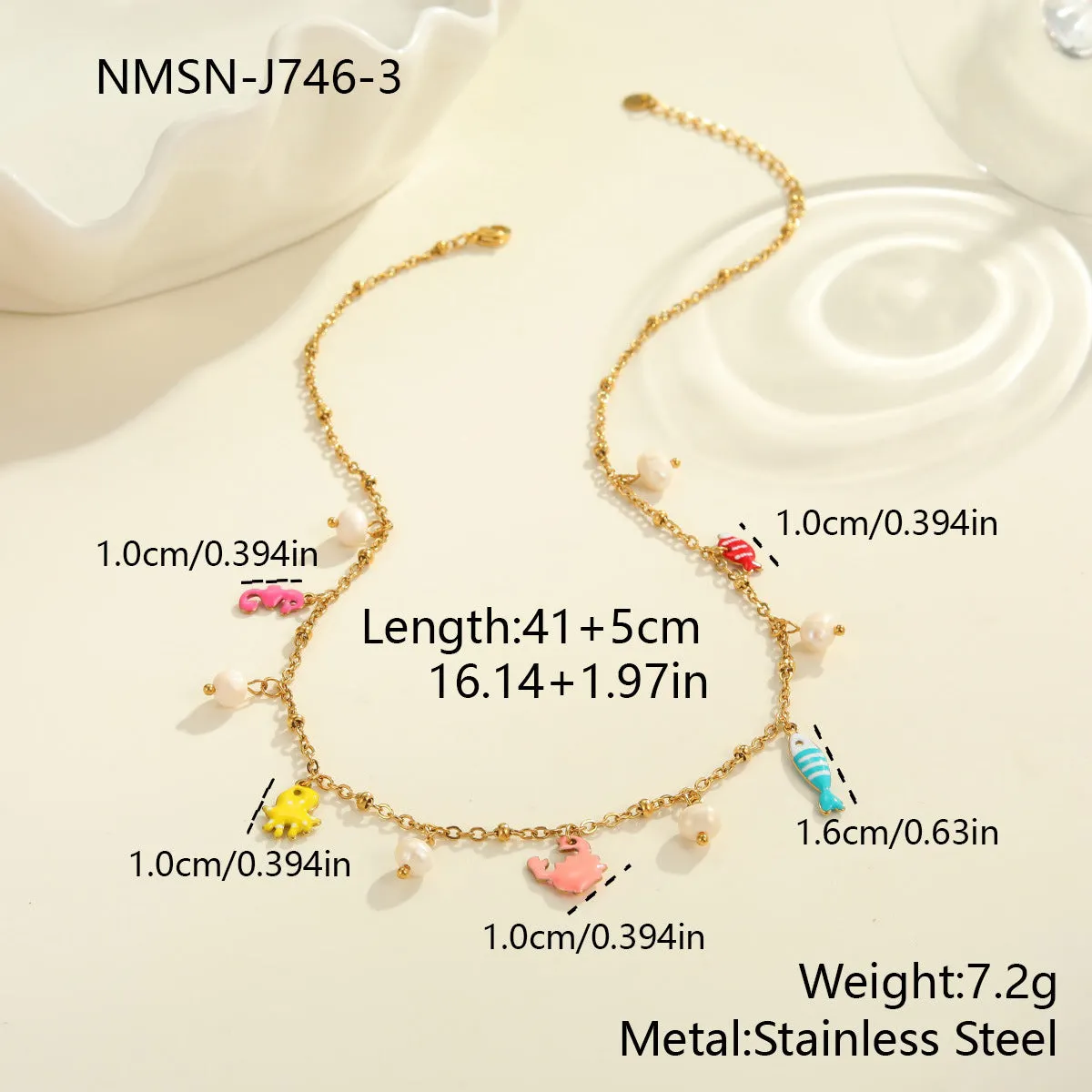 Stainless steel geometric pendant necklace with 18K gold electroplated chain and matching alloy bracelet on neutral background