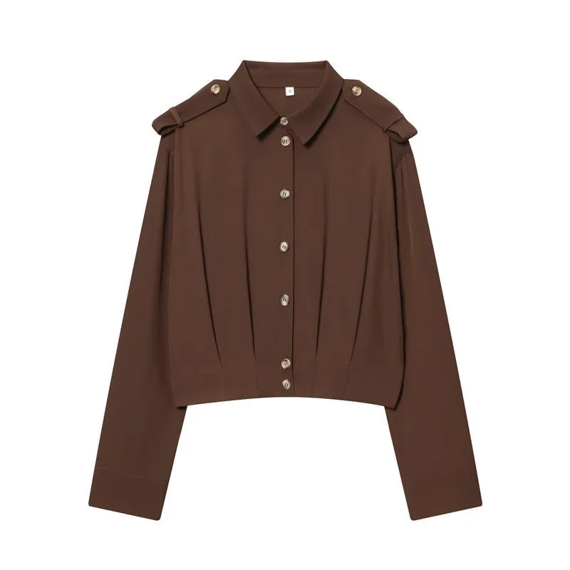 Women's loose fit brown polyester shirt with all-over plants and flowers print, shoulder strap style, front view